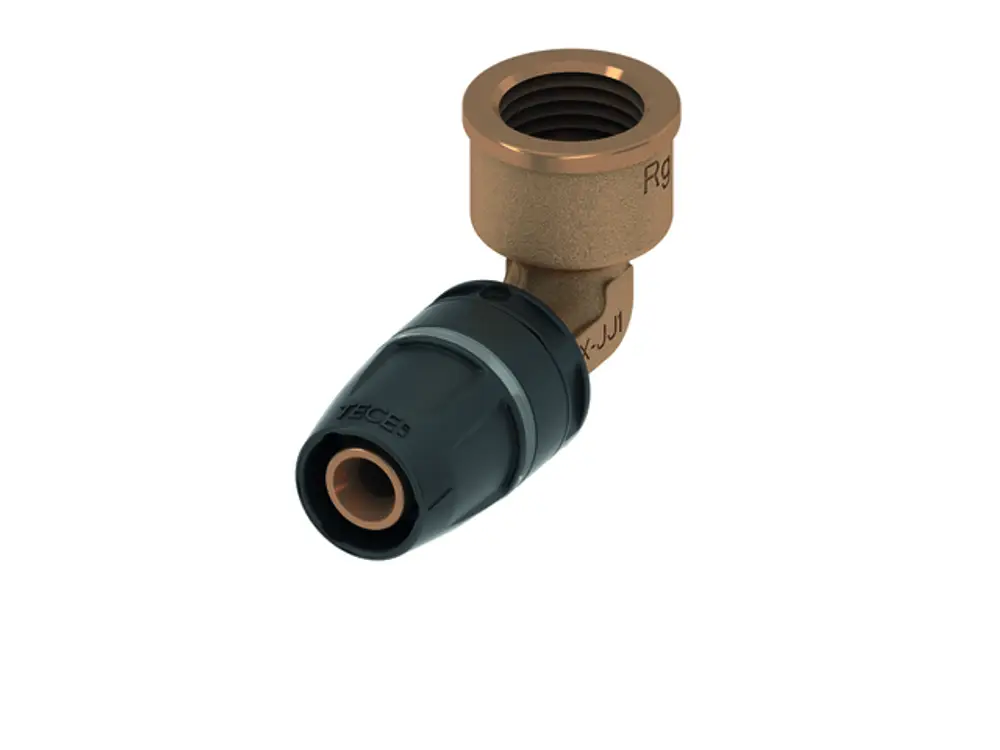 TECE-Winkelübergangsmuffe aus Rotguss und Si-Bronze mit Anschluss für Rohrleitung und ein gewindegeschnittenes Ende.